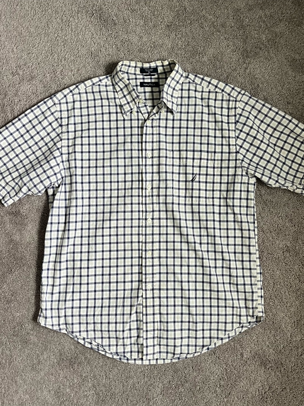 Nautica White and Navy Check Short-Sleeve Button-Down Shirt